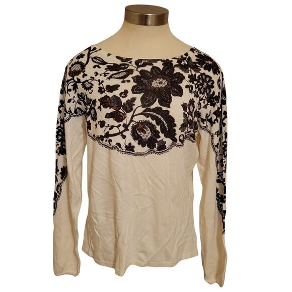 NWT Artistica Beaded Sequin Floral Stretch Long Sleeve Top Ivory Womens Size S - Picture 1 of 9